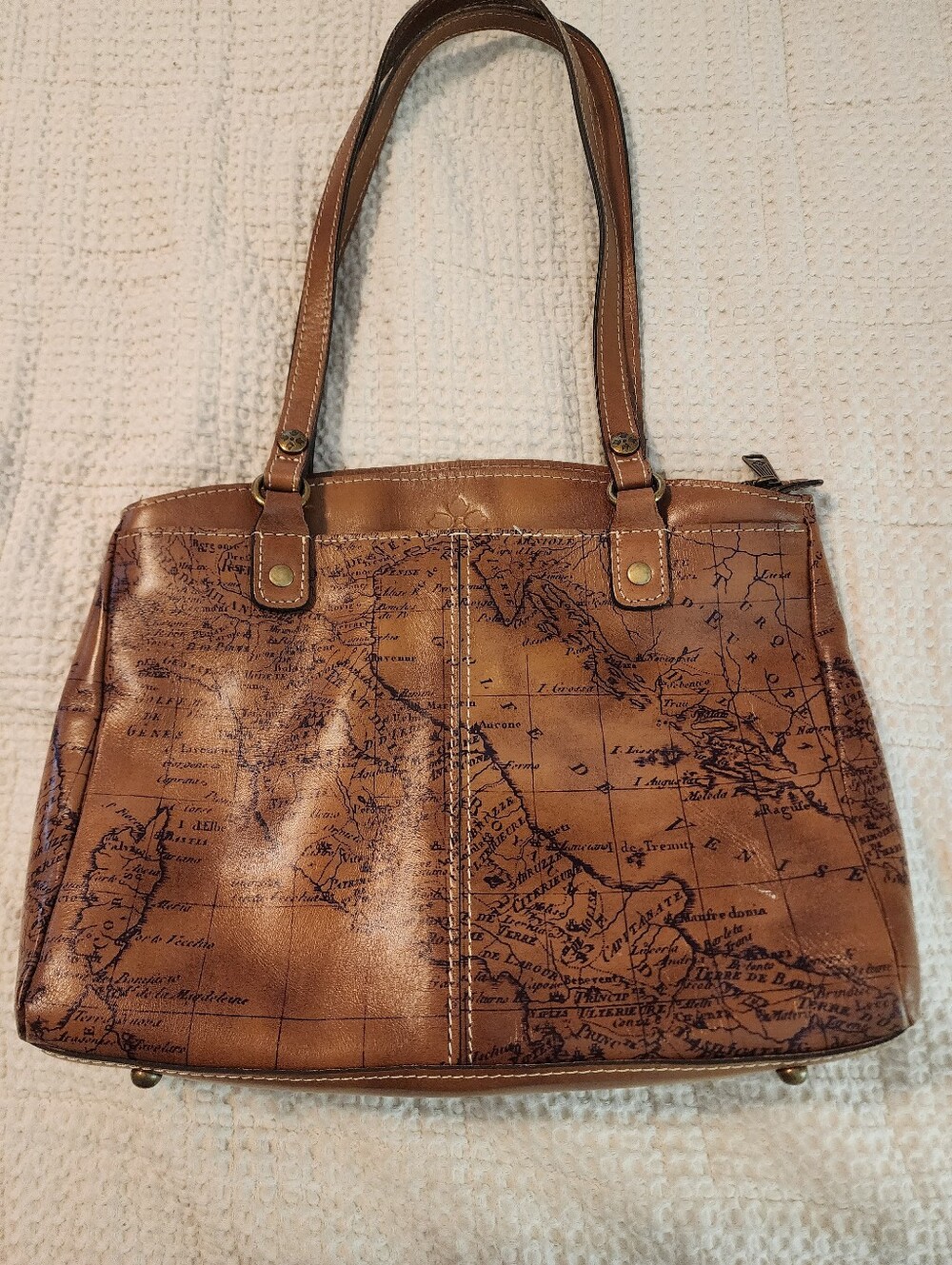Patricia Nash Geographic Maps Print Brown Leather Tote Bag Travel Good Cond